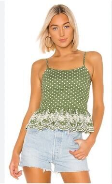 Tularosa Campbell Embroidered Moss Green & White Polka Dot Sleeveless Top S